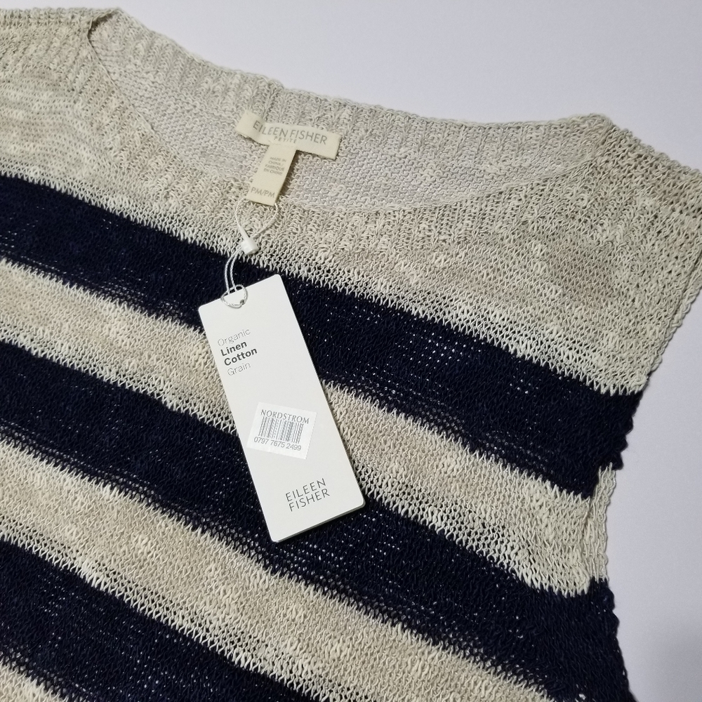 NWT Eileen Fisher Petite Striped Sleeveless Knit Top Organic Linen Cotton Sz PM - Picture 7 of 12
